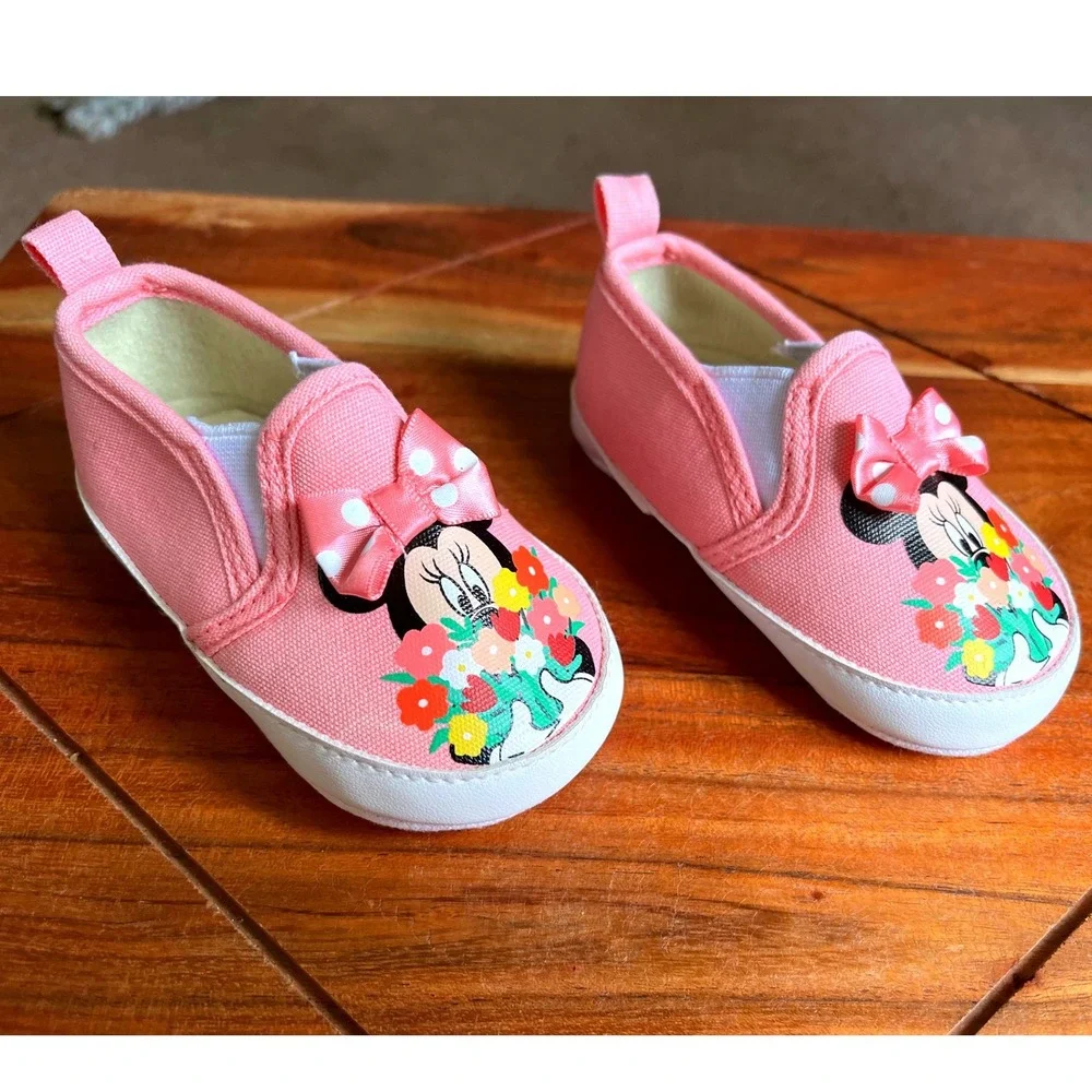 Disney Baby Minnie Mouse Pink Floral Bow Slip On Crib Shoes 9-12M